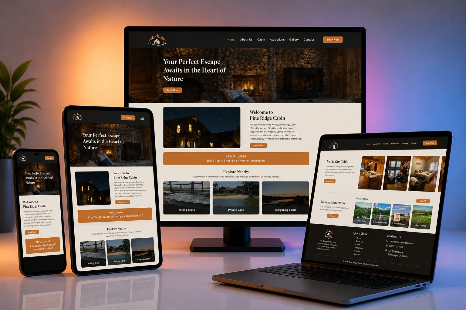 Pine Ridge Cabin website shown on desktop, laptop, tablet and phone