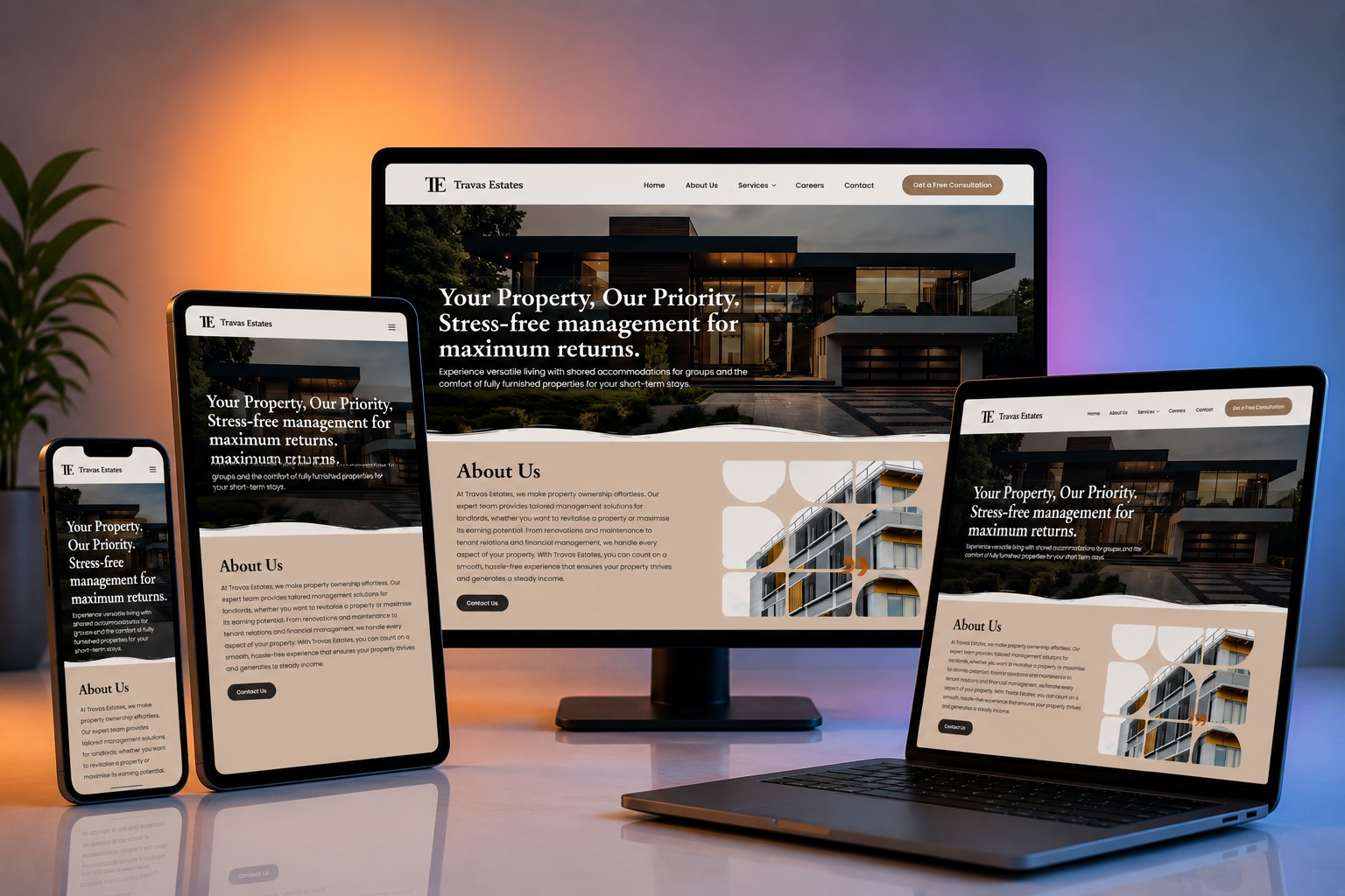 Travas Estates website shown on desktop, laptop, tablet and phone
