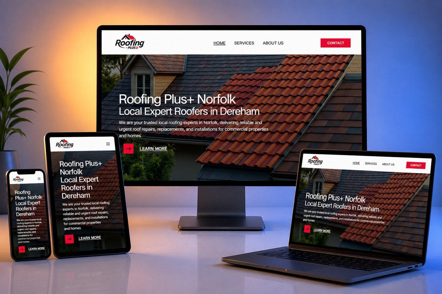 Roofing Plus+ Norfolk website shown on desktop, laptop, tablet and phone