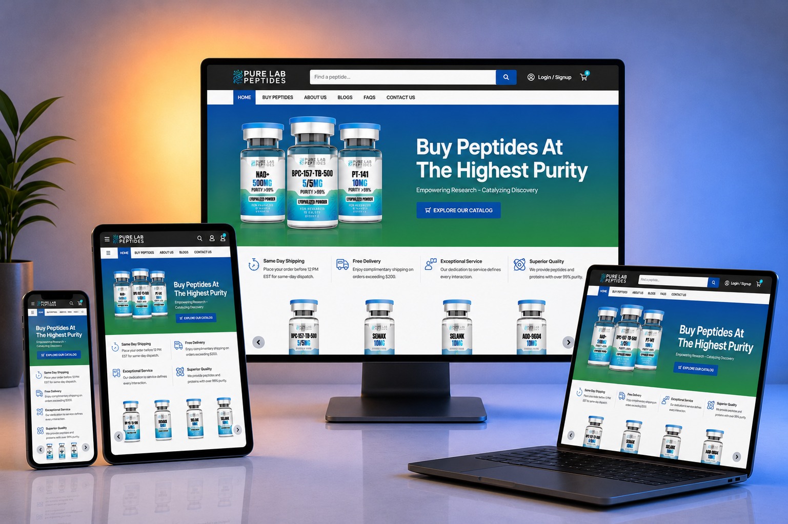 Pure Lab Peptides website shown on desktop, laptop, tablet and phone