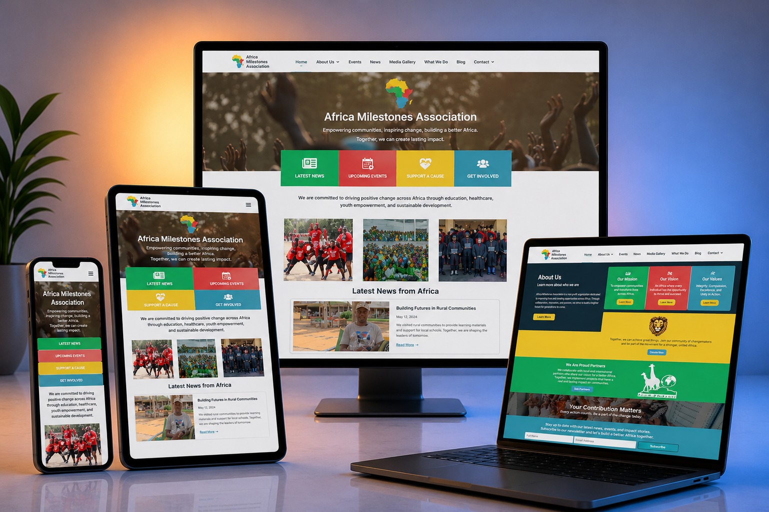 Africa Milestones Association website shown on desktop, laptop, tablet and phone