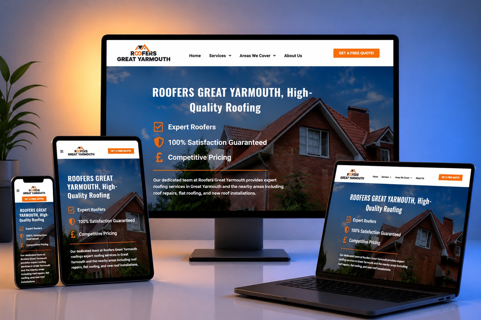 Roofers Great Yarmouth website shown on desktop, laptop, tablet and phone