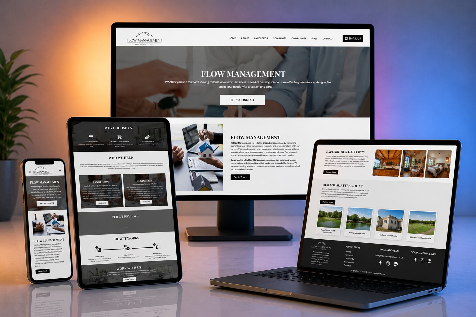 Flow Management website shown on desktop, laptop, tablet and phone