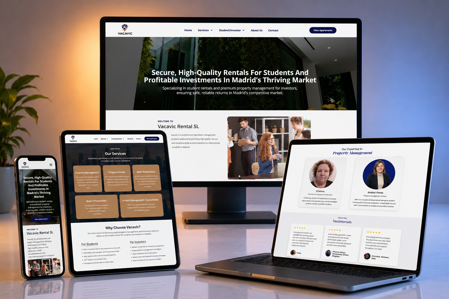 Vacavic Rental SL website shown on desktop, laptop, tablet and phone