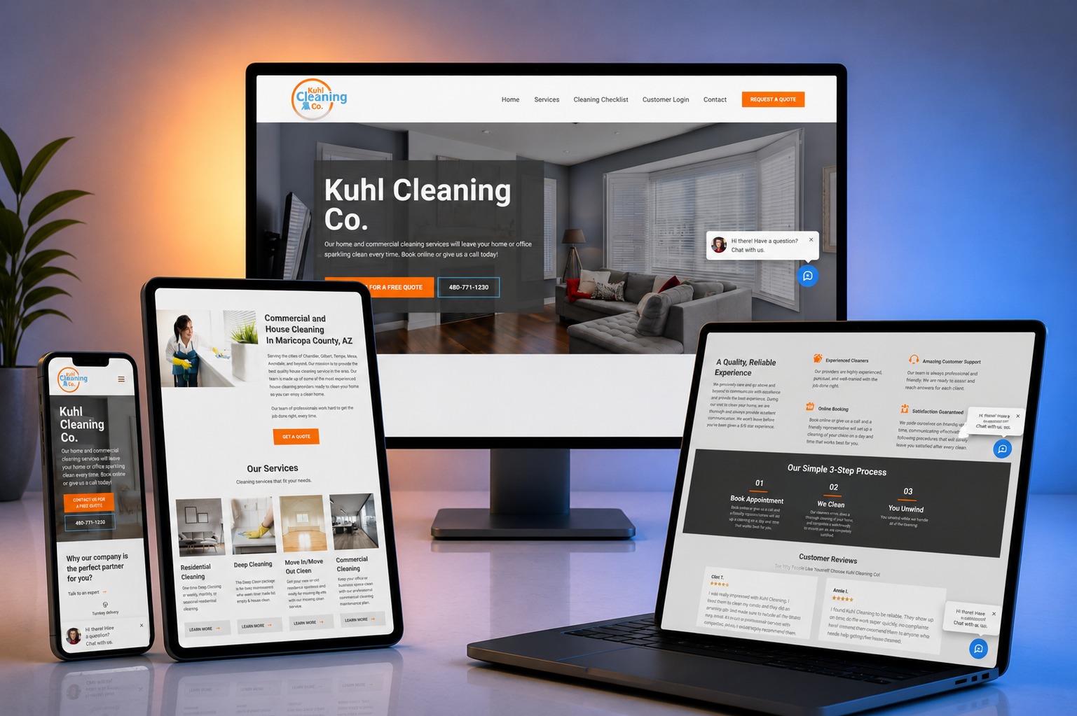 Kuhl Cleaning Co. website shown on desktop, laptop, tablet and phone