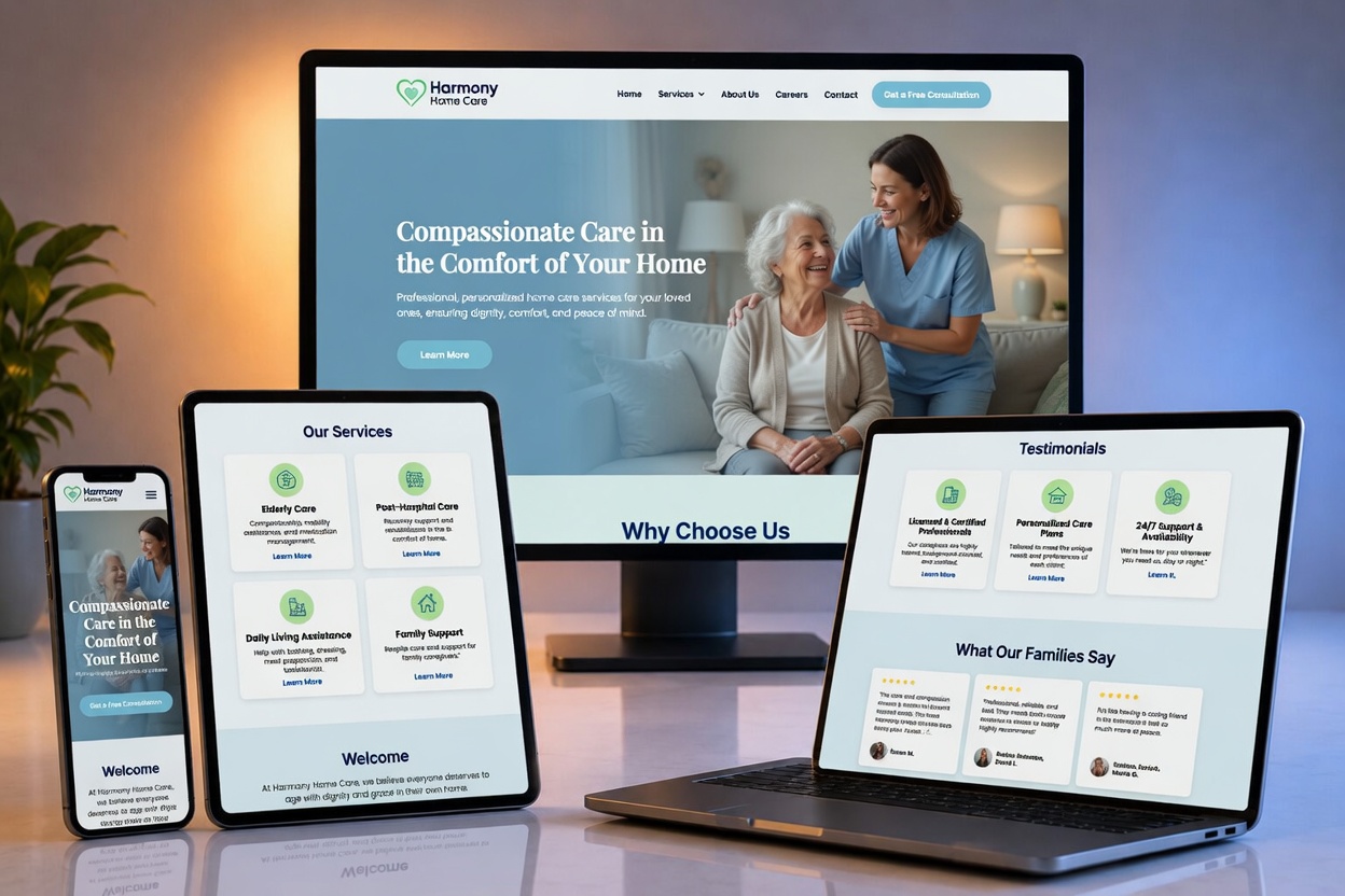 Harmony Home Care website shown on desktop, laptop, tablet and phone
