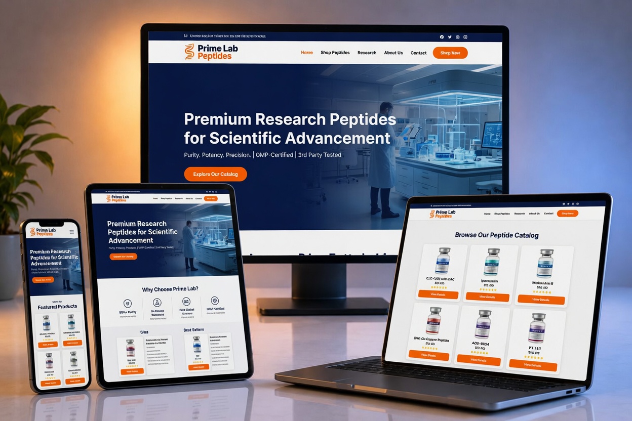 Prime Lab Peptides website shown on desktop, laptop, tablet and phone