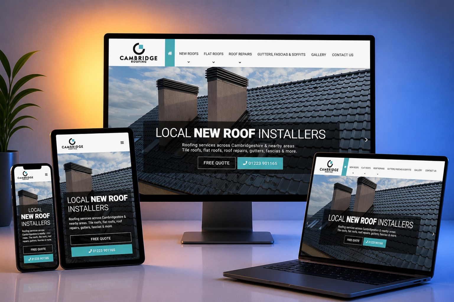 Cambridge Roofing website shown on desktop, laptop, tablet and phone