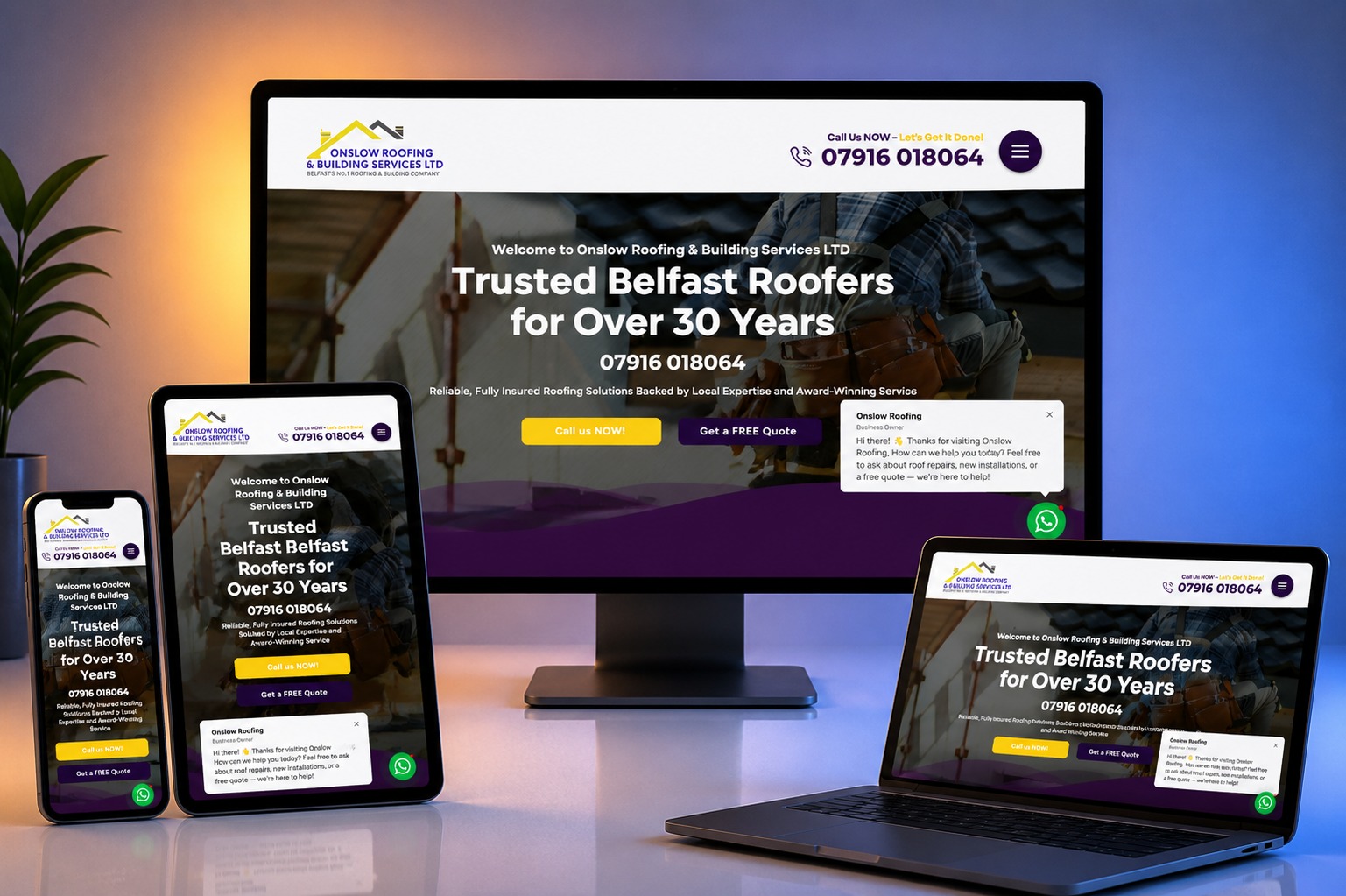 Onslow Roofing & Building website shown on desktop, laptop, tablet and phone