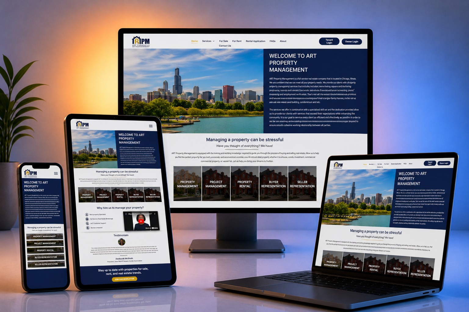 ART Property Management website shown on desktop, laptop, tablet and phone