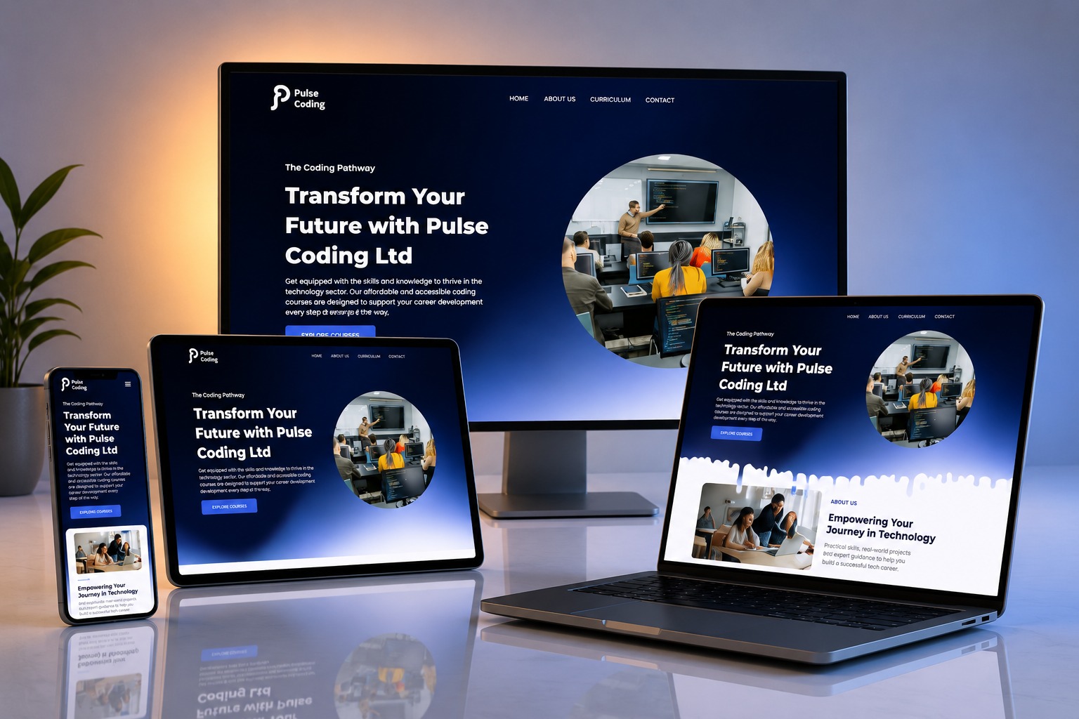 Pulse Coding Ltd website shown on desktop, laptop, tablet and phone