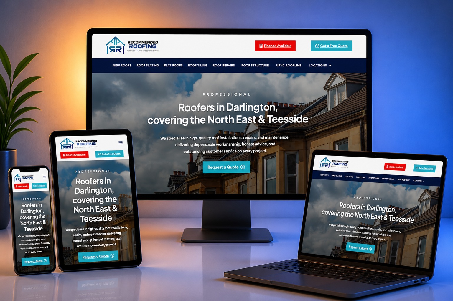 Recommended Roofing website shown on desktop, laptop, tablet and phone