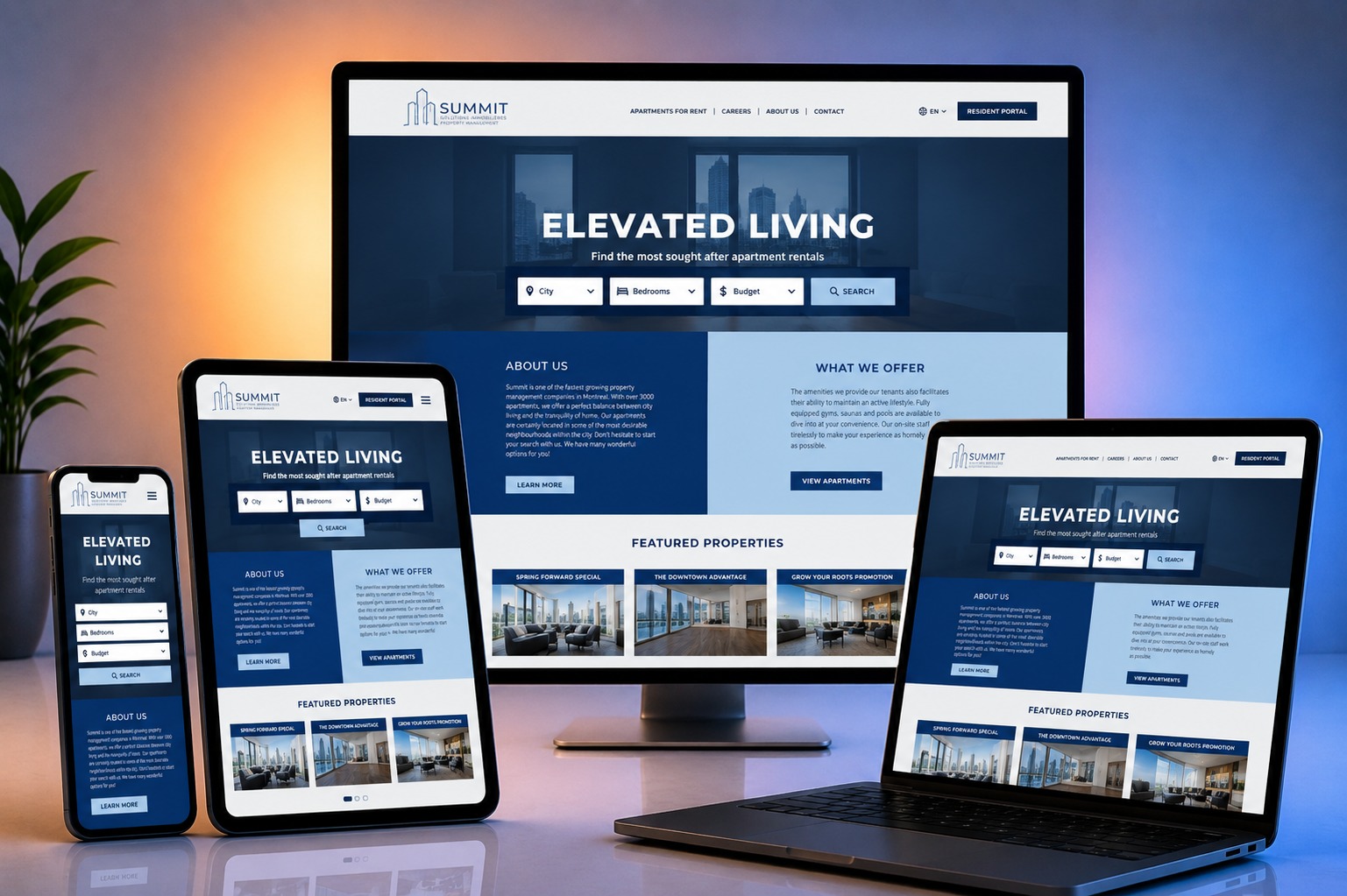 Summit Property Management website shown on desktop, laptop, tablet and phone
