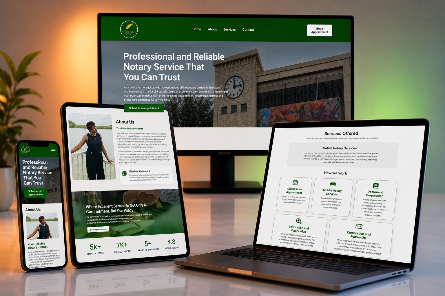 Reliable Notary Services website shown on desktop, laptop, tablet and phone