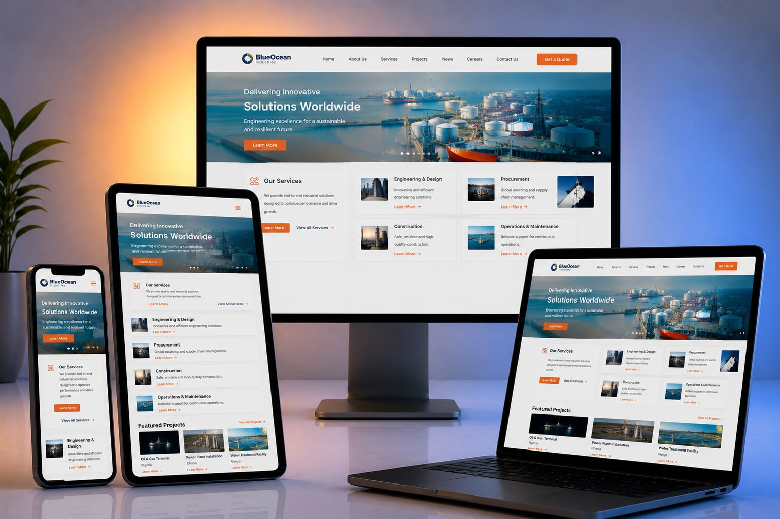 BlueOcean Industries website shown on desktop, laptop, tablet and phone