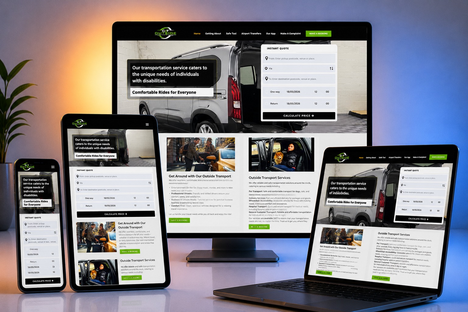 Outside Transport website shown on desktop, laptop, tablet and phone