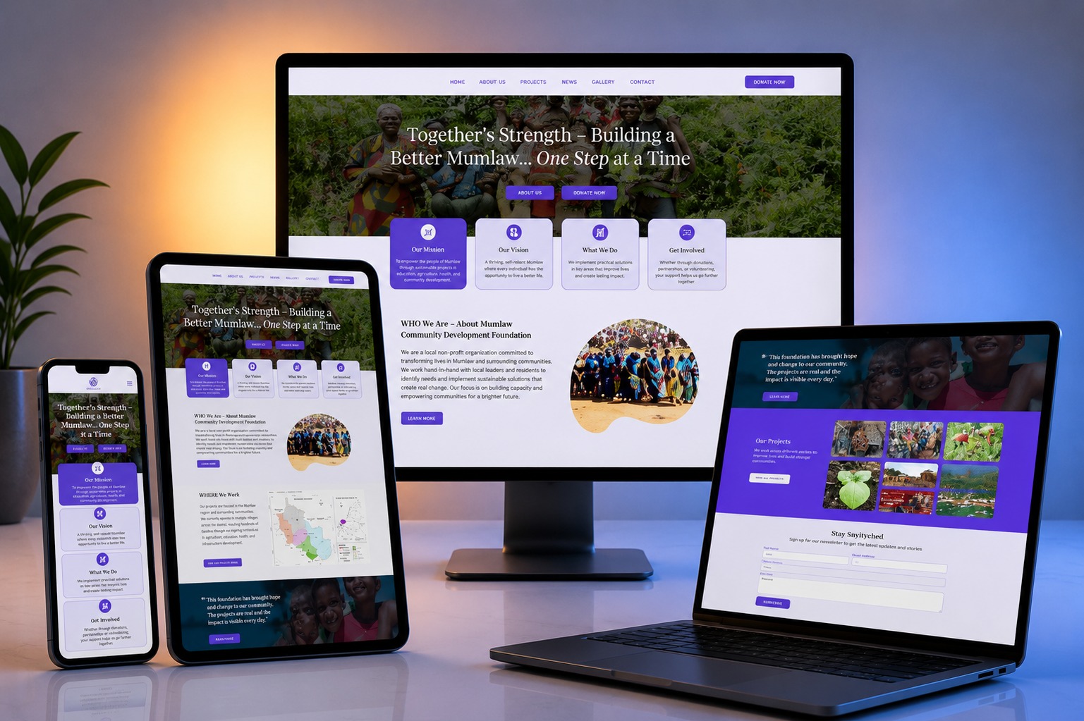 Mumlaw Community Development Foundation website shown on desktop, laptop, tablet and phone