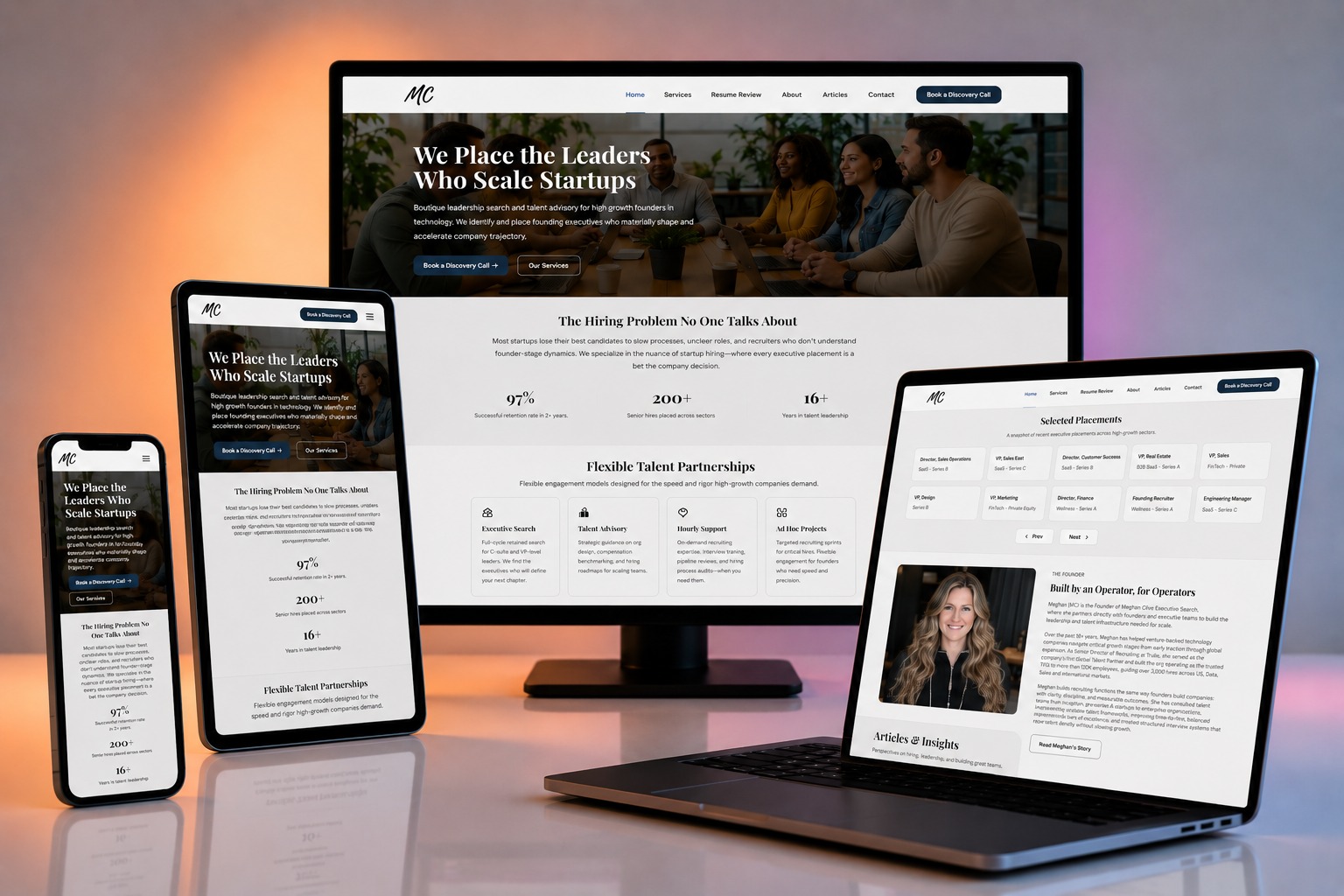 MC Executive Search website shown on desktop, laptop, tablet and phone