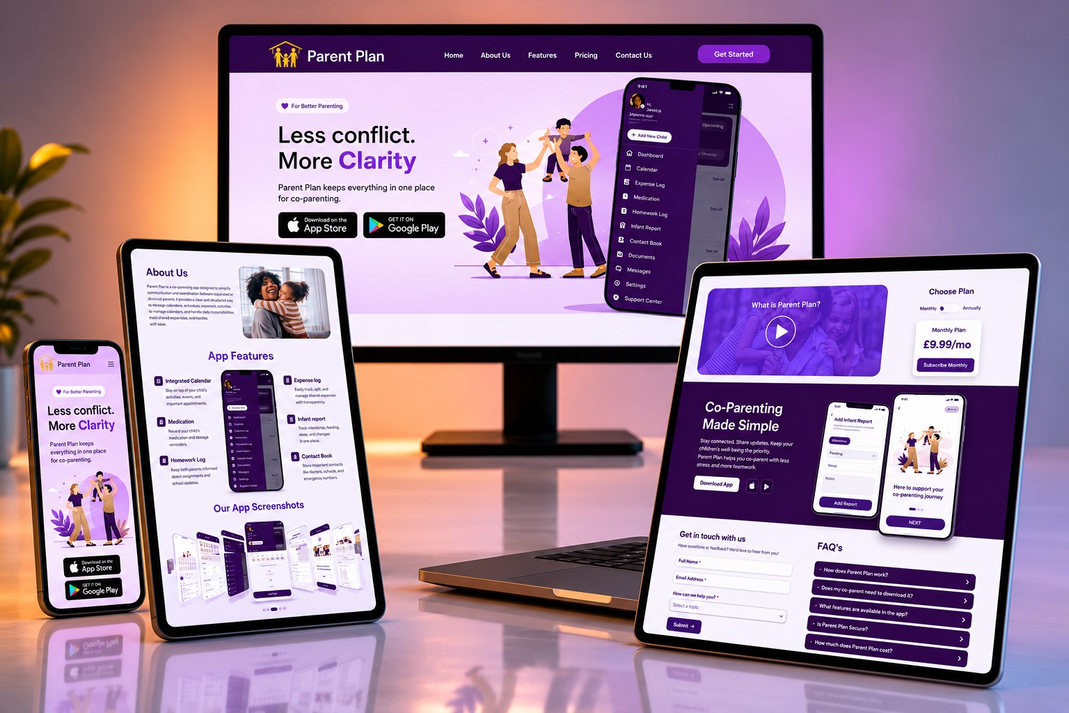 Parent Plan website shown on desktop, laptop, tablet and phone