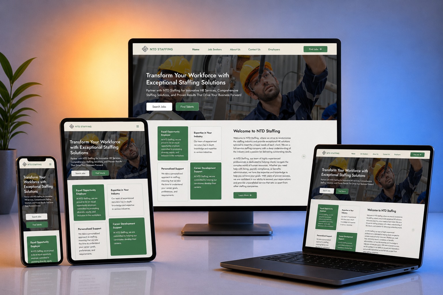 NTD Staffing website shown on desktop, laptop, tablet and phone