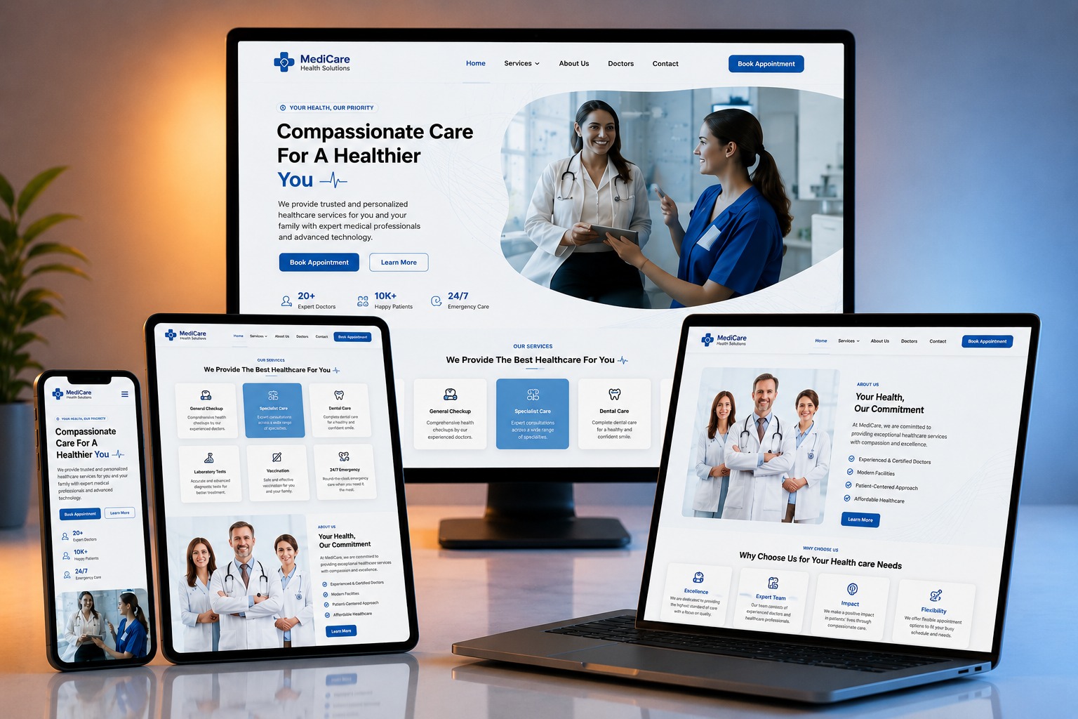 MediCare Health Solutions website shown on desktop, laptop, tablet and phone