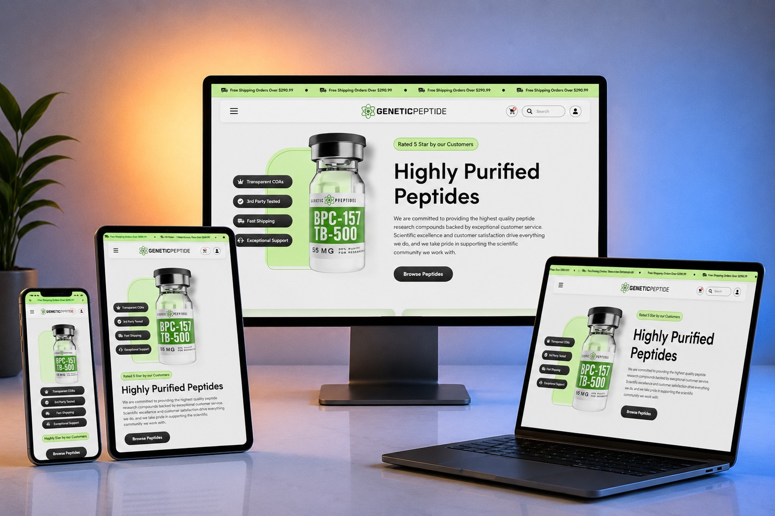 Genetic Peptide website shown on desktop, laptop, tablet and phone