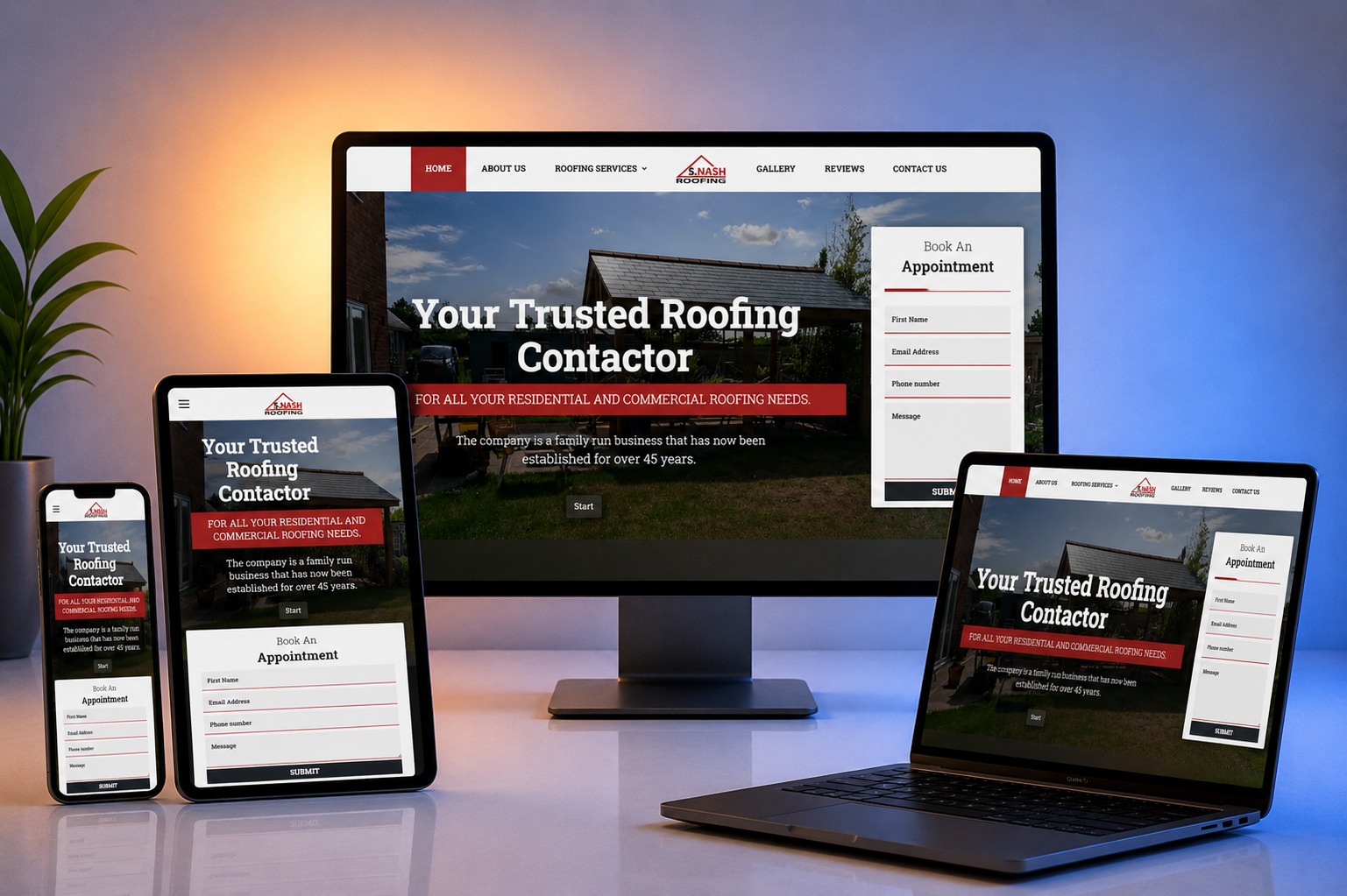 S. Nash Roofing website shown on desktop, laptop, tablet and phone