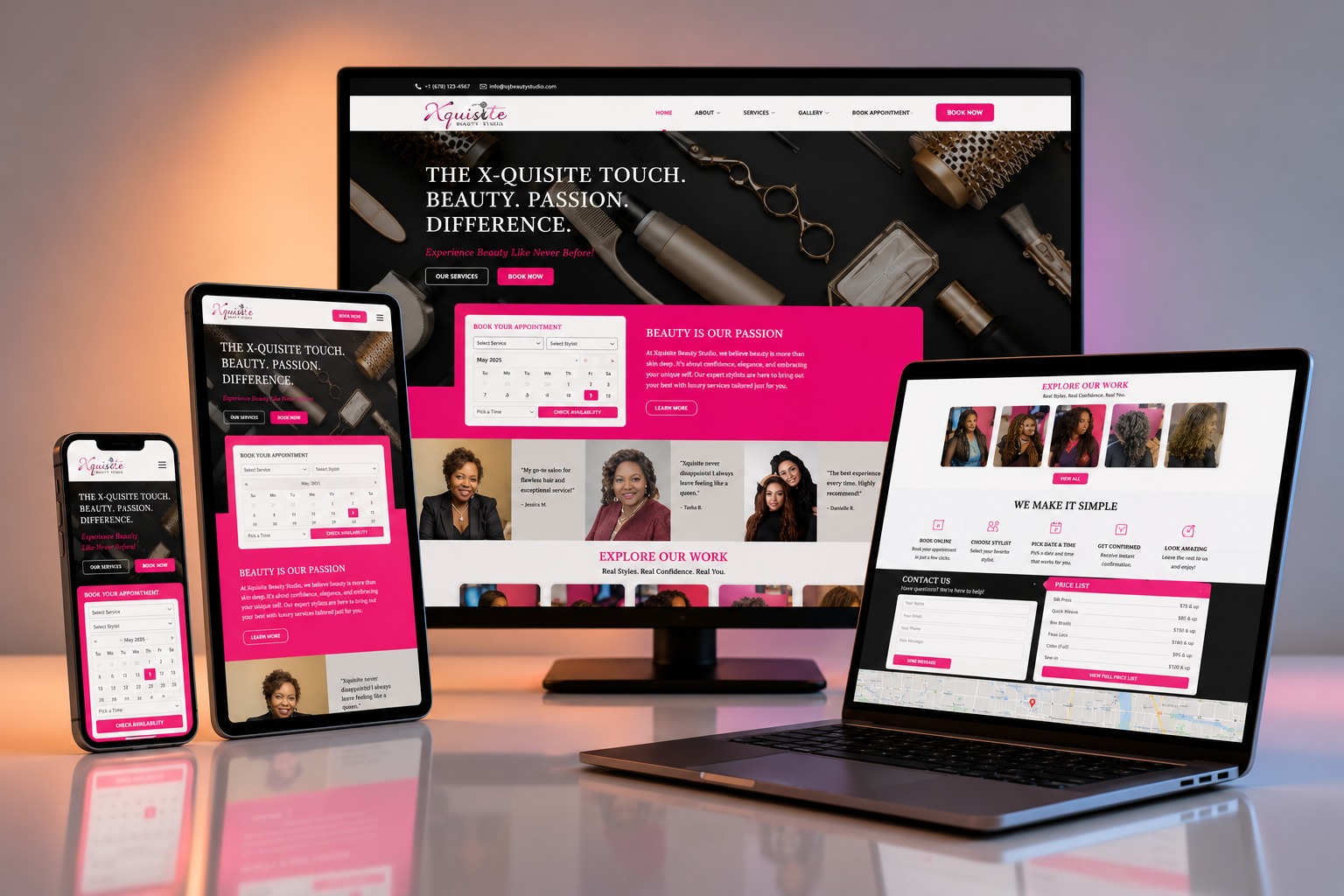 Xquisite Beauty Studio website shown on desktop, laptop, tablet and phone