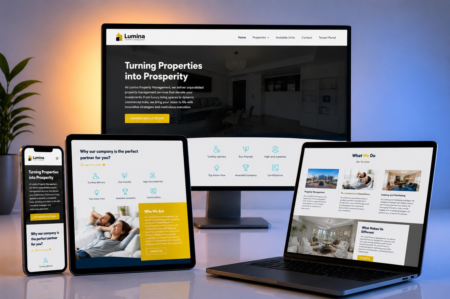 Lumina Property Management website shown on desktop, laptop, tablet and phone